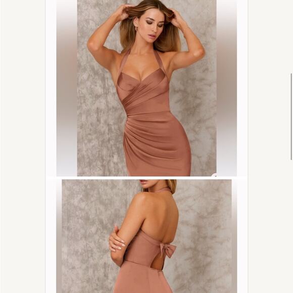 NWT Azazie Kendall X Kylie Formal Pink Satin Bow Maxi Bridesmaid Prom Dress 2 - Picture 3 of 7